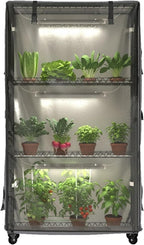 Indoor Greenhouse for Vegetable Seeds, 4-Tier Portable Plant Stand with 3 Full Spectrum T8 Grow Lights, Timer, Thermometer, Ventilation & Wheels, Smoked PVC Cover for Herbs Flowers Seedlings