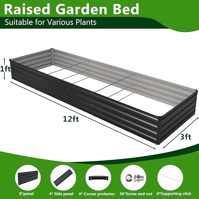 2PCS 12x3x1ft Galvanized Raised Garden Bed,Outdoor Planter Box Metal Patio Kit Planting Bed for Vegetables Flowers Herb,Black