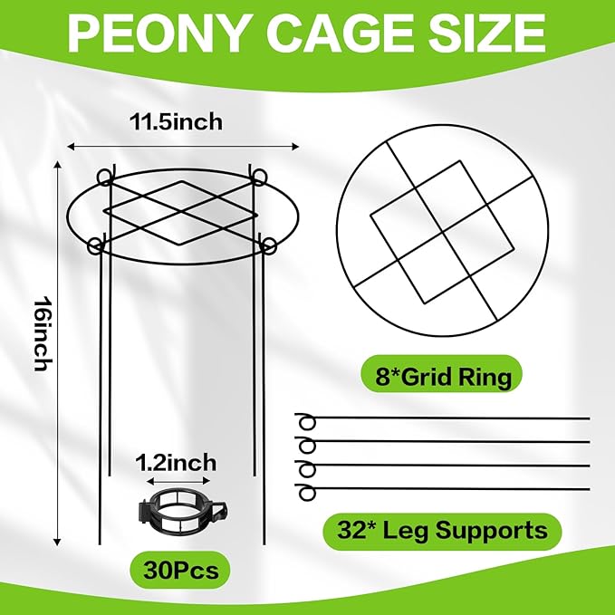 Peony Cages and Supports, 4 Packs Heavy Duty Metal Plant Support, 11.5" Dx16 H Rust-Proof Grow Through Flower Cage, Adjustable Ring for Tomatoes, Hydrangeas, Strawberries & Perennial Flowers