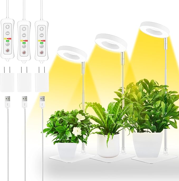 yadoker Halo Plant Grow Light, LED Growing Light with Base,Full Spectrum for Indoor Plants,Height Adjustable, Automatic Timer, 5V Low Safe Voltage,Idea for Small Plant Light(3 Pack)