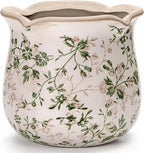 Vintage Ceramic Planter Pot with Drainage Holes, Green Floral Design, 6.11 Inch, Distressed Tuscan Style, Indoor Plant Pot and Vase (Sage Beige)