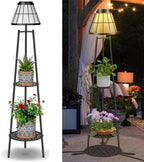 MXwcy 2-Tier Solar Plant Stand with Light, Modern Outdoor Floor Lamp with Classic Grid Lantern, Waterproof Tall Metal Planter Display Rack for Patio, Porch, Balcony, Garden Decor (2 Pack)