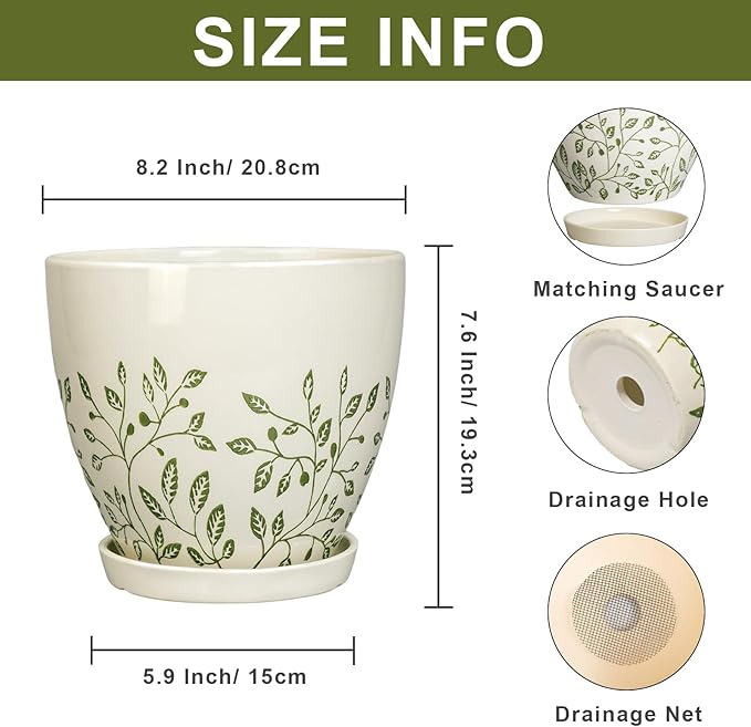 MPotTo Ceramic Planter for Indoor Plants - 8.2 Inch Plant Pot with Drainage Hole and Saucer, Boho Round Planter for Indoor Outdoor Flowers, Plant Lover Gifts, Home Garden House Decor, White
