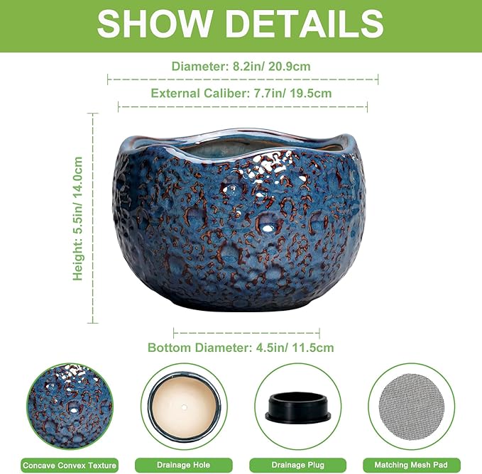 8 Inch Plant Pot - Ceramic Planter for Indoor Outdoor Plants, Round Unique Plant Pots with Drainage Hole, Modern Decorative Flower Pots, Home Decor, Gifts for Plants Lovers, Retro Blue