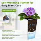 Self Watering Pots for Indoor Plants, 2 Pack Flower Pots Self Watering Planter 10.7" x 6.9" Plastic Pots African Violet Wick and Grow Pots Tall Orchid pots Square Large Plant Pots, White