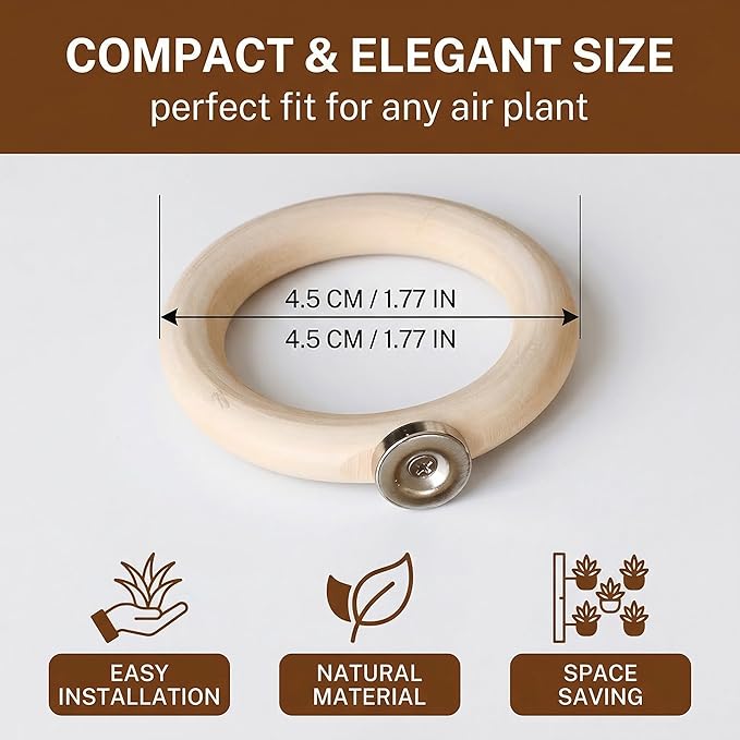 Magnetic Air Plant Holder 6-Pack, 4.5cm Wooden Ring Suspended Display for Tillandsia, Natural Wood Magnet Wall Mount & Refrigerator Sticker, Includes 6 Magnetic Patches Light Wood