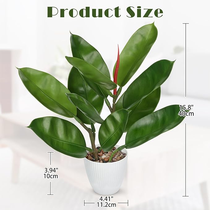 GnFlus Fake Plant Artificial Rubber Tree in White Pot Decor for Home Indoor Tabletop Centerpieces Living Room Bedroom Decoration