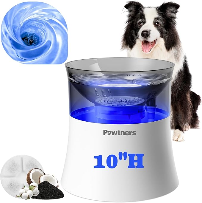 Pawtners Dog Water Fountain with Vortex Filter,1 Gal/3.5L Elevated Dog Water Bowl for Large Dogs Inside,Automatic Pet Fountain, Deep Drinking Area and Quiet Pump,10" H