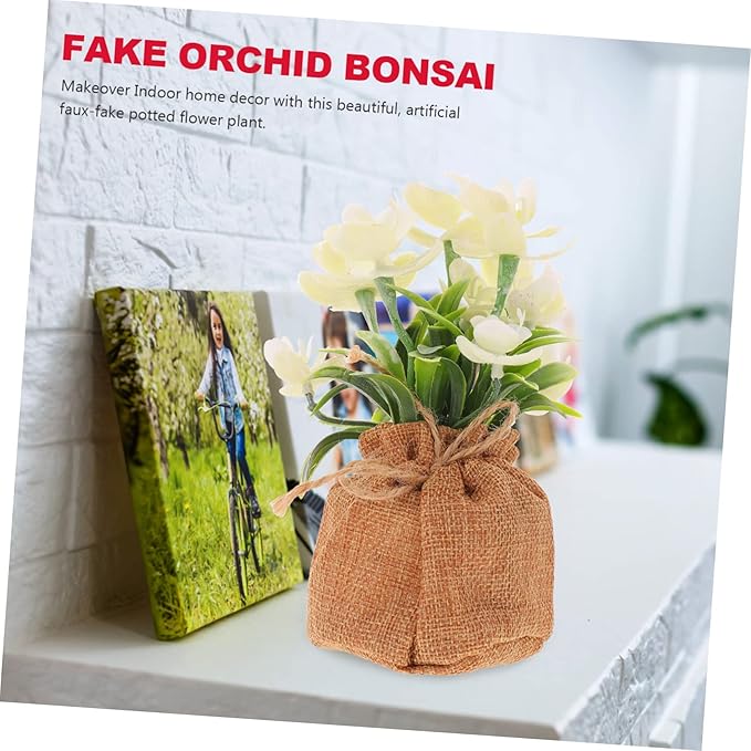 Cabilock Artificial Phalaenopsis Orchid Vase Faux Orchid Flowers Bonsai Creative Bag Potted Fake Flower Decor for Living Room Kitchen Bedroom Wedding Office Table Centerpiece