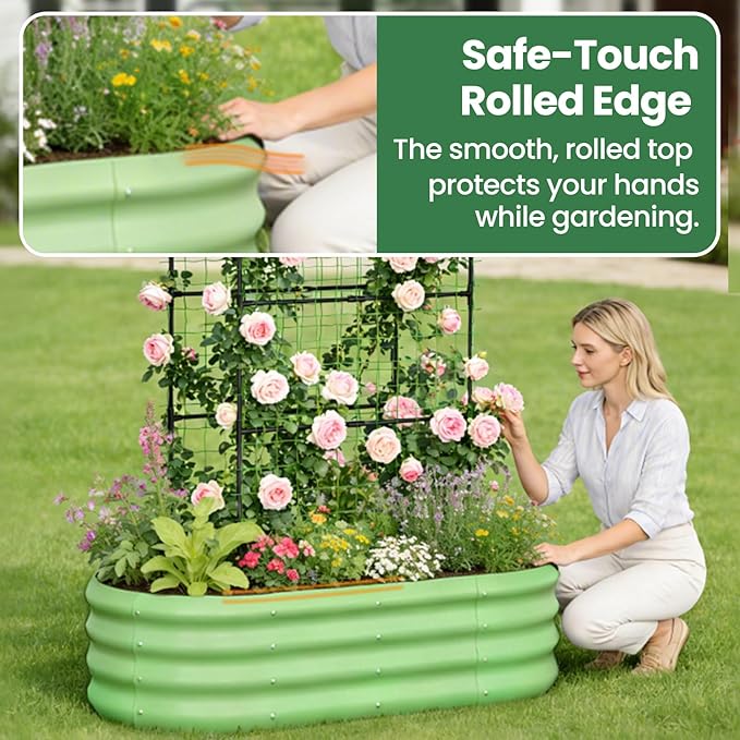 2 in 1 Galvanized Raised Garden Bed with 71" H Arch Trellis for Climbing Plants, Outdoor Gardening Planter Box with Climbing Net for Flowers Vegetables Fruits Herbs, Green