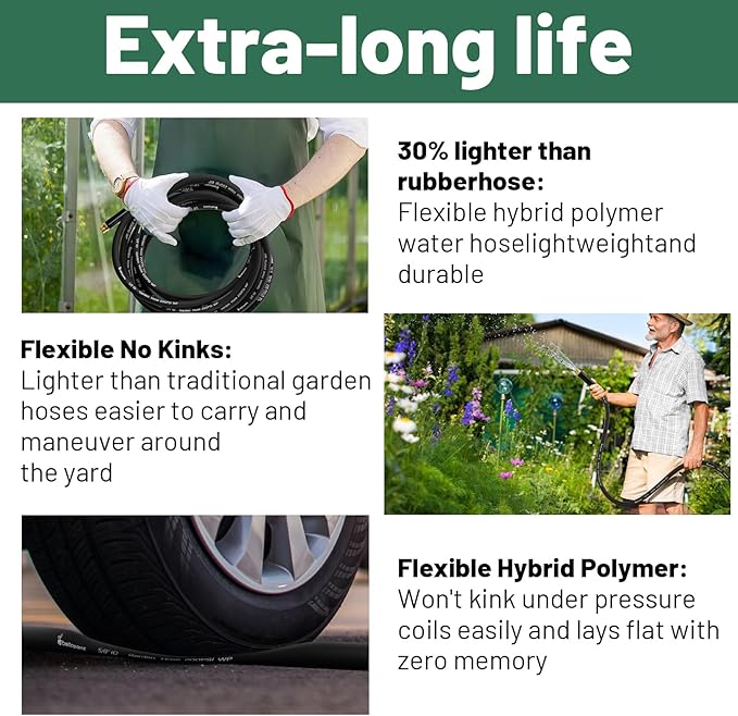 Short Garden Hose 3 ft x 5/8" Female to Female, Heavy Duty Small Water Hose Extender Connector, Leak-Free Connections Hybrid Rubber Leader Hose with 3/4" Double GHT Fittings, Black