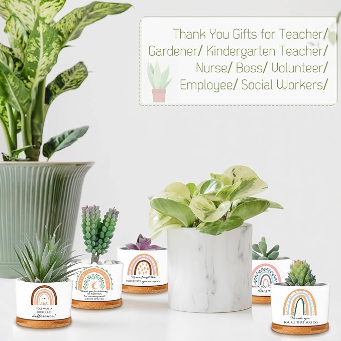 Sieral 6 Pcs Thank You Employee Appreciation Gift Succulent Pots Social Worker Gift Ceramic Plant Pot with Bamboo Tray Succulent Planter for Coworker Teacher, Plants Excluded (Boho Style)