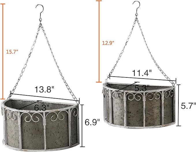 SOFE Farmhouse Galvanized Metal Hanging Planter Basket Set of 2, Unique Hanging Plant Pot Indoor Outdoor, 14 Inch/12inch Flower Pots Holder with Chain Hook, Home Garden Patio Decor