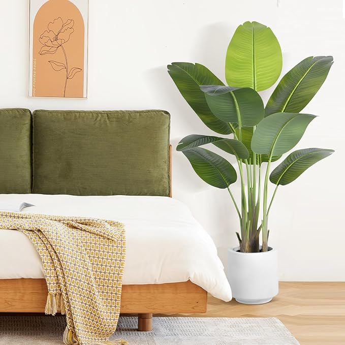 Artificial Bird of Paradise Plant 4Ft Tall Fake Tropical Palm Tree Large Fake Plants with 9 Silk Banana Leaves Faux Plant Indoor Decor Trees with White Pot for Home Bedroom Living Room Office（2pcs）