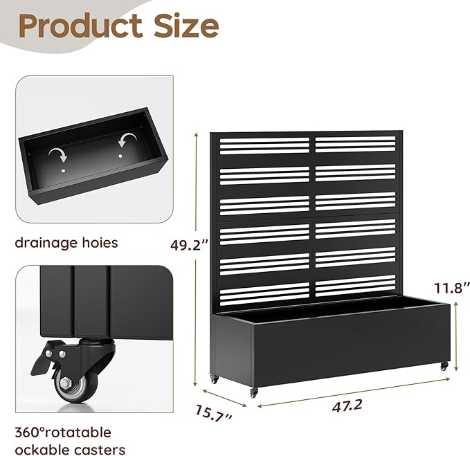 Metal Raised Garden Bed Trellis Large Outdoor Planter Box for Patio,Balcony Privacy Planters for Patio 48.4" x 47"x 15.7 Wheels Drainage Holes,for Climbing Vegetables,Flowers,Vines（Black）