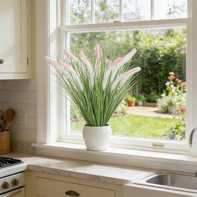 24PCS Artificial White Pink Tip Dog Tail Grass Onion Grass UV Resistant Outdoors Faux Shrubs Ornamental Wheat Grass Cattails Faux Bushes Home Decor for Outdoor Garden