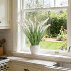 24PCS Artificial White Pink Tip Dog Tail Grass Onion Grass UV Resistant Outdoors Faux Shrubs Ornamental Wheat Grass Cattails Faux Bushes Home Decor for Outdoor Garden