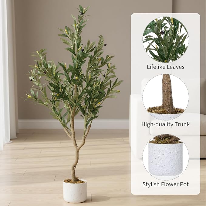 4FT Artificial Olive Tree in Pot, Tall Fake Floor Plants Faux Olive Tree with Silk Leaves & 20 Fruits, Decorative Evergreen Artificial Plants Indoor for Home Front Door Office Decor