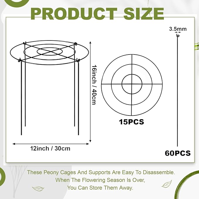 Geelin 15 Pack Peony Cages Bulk 12'' Dx 16'' H Peony Cages and Supports Heavy Duty Metal Plants Grow Through Support Rings Hoops for Outdoor Plants Flower Strawberry Tomato Strawberry(Black)