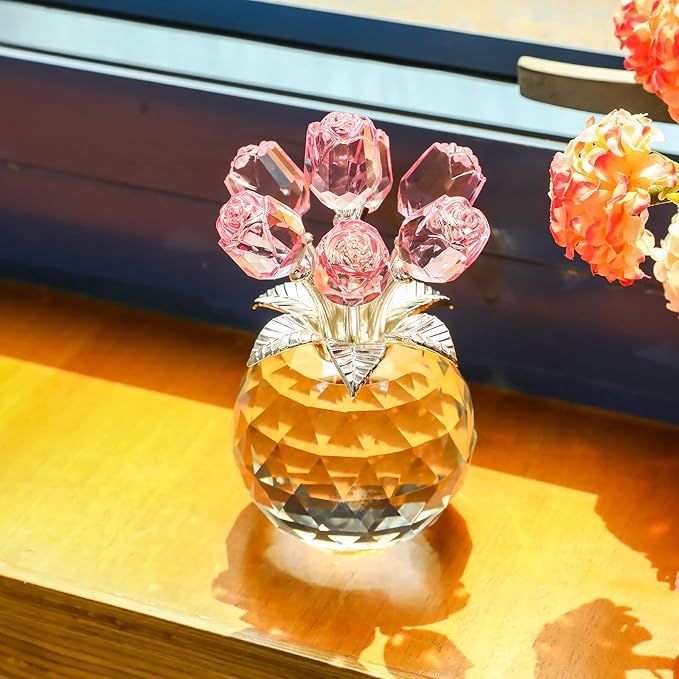 YWHL Handmade Crystal Pink Rose Flower Figurine with Round Vase, Rose Gifts for Girlfriend Wife Sister, Romantic Gifts for Mom on Mother's Day Birthday Anniversary, Wedding Home Decorations