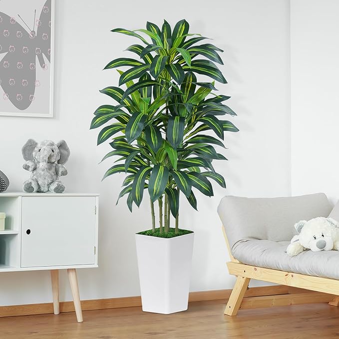 6FT Artificial Dracaena Tree - High-Density Foliage Fake Plant with White Tall Planter - Faux Yucca Floor Plant for Home Office Decor Indoor