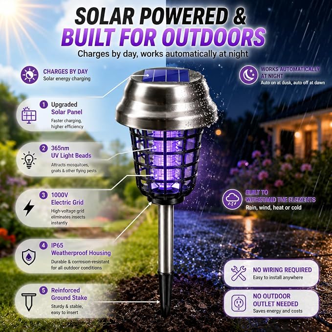 2026 4Pack Mosquito Repellent Outdoor Patio Solar Bug Zapper Outdoor Mosquito Zapper for Moths,Gnats,Flies,Small Flying Insect,Electric Fly Zapper for Backyard,Garden,Gnat Killer for Vegetable Beds
