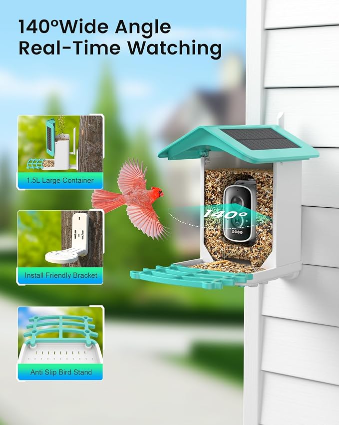 Smart Bird Feeder Camera (Dual Panel), Solar Powered, Identify 11,000+ Birds with AI, Auto Capture & Notify, 2K HD Footage, Outdoor Bird Watching, Ideal Gift for Birds Lovers.