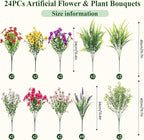 Alupssuc 24 Bundles Artificial Flowers for Outdoors Spring Decoration, UV Resistant Faux Eucalyptus Violet and Lavender Silk Fake Plants for Outside Indoor Decor, Red Rose Purple Yellow Pink White