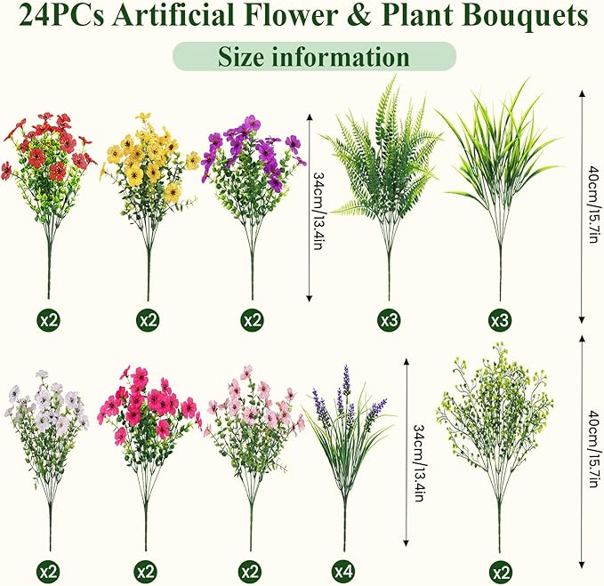 Alupssuc 24 Bundles Artificial Flowers for Outdoors Spring Decoration, UV Resistant Faux Eucalyptus Violet and Lavender Silk Fake Plants for Outside Indoor Decor, Red Rose Purple Yellow Pink White