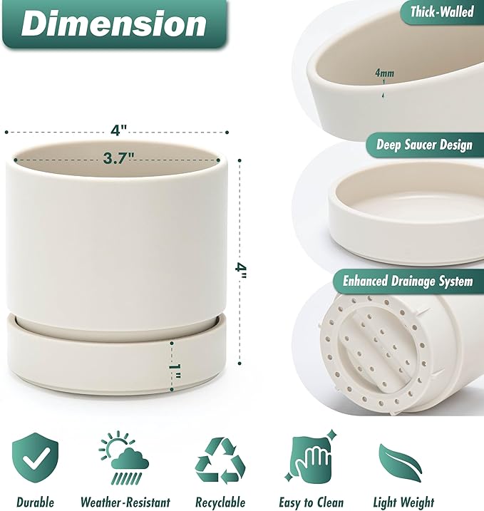 Phoenix Vine 4 Inch Planter Pot with Drainage Hole & Saucer, Deep Water Catch Tray, Straight Cylindrical Round Pot for Plants, Oatmeal, Pack of 4, 23-E-R-4