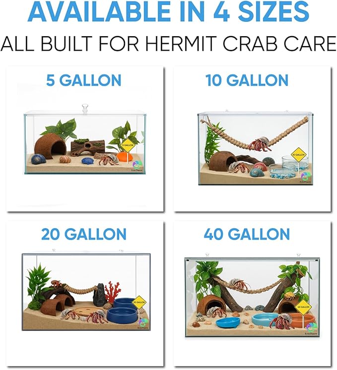 EctoTherm Hermit Crab Tank - 5 Gallon Tank with Lid - Complete Hermit Crab Cage for Large & Small Crabs - Glass Tank