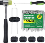 100Pcs Garden Staples +100Pcs Gasket +Pick Hook +Rubber Mallet, 6 Inch Landscape Fabric Stakes Galvanized Weed Barrier Stakes 11 Gauge Landscape Pins U Shape Lawn Staples for Yard, Turf, Sod, Weed Mat