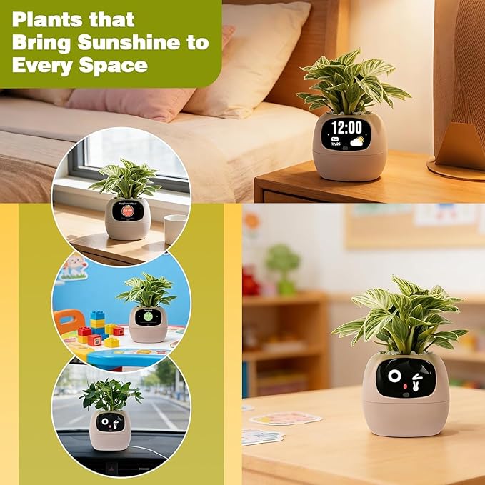 Smart Plant Pot with Visual Display – Soil Moisture, Water Level, Light & Battery Monitor, 80ml Self-Watering Reservoir, Supports 100+ Plants, Pomodoro Timer, Clock & Calendar (Pink)