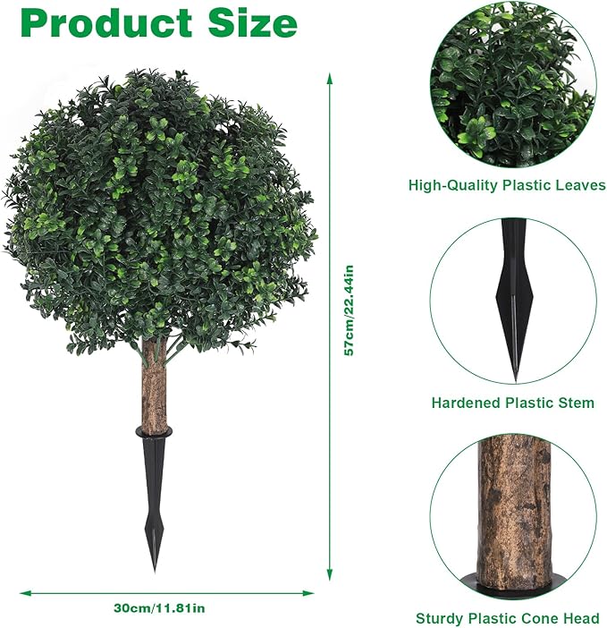 Shinoske 23" Boxwood Topiary Balls Tree Artificial Outdoor,Set of 2 Outdoor Fake Bushes Plant with Ground Spike,UV Resistant Artificial Plants for Garden,Porch,Yard,Balcony Decor