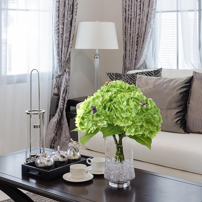 Leftover 21" Green Hydrangea Artificial Flowers,3 Pcs Real Touch Hydrangea Flowers with Butterflies for Centerpiece Table Decorations,Floral Arrangements for Coffee Table Decor,Living Room Decor