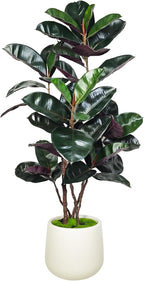 4.5FT Artificial Rubber Tree - 54.5 Inch Tall Fake Plant Indoor Faux Tree with Bendable Branches & Realistic Leaves, Faux Floor Plant for Home Office Decor in White Pot