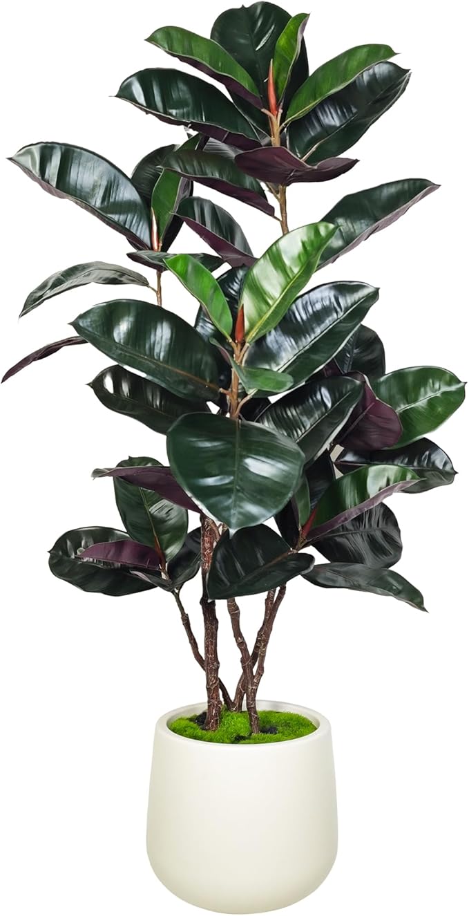 4.5FT Artificial Rubber Tree - 54.5 Inch Tall Fake Plant Indoor Faux Tree with Bendable Branches & Realistic Leaves, Faux Floor Plant for Home Office Decor in White Pot