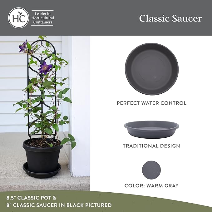 The HC Companies Flower Pot Saucers - Plastic Plant Saucer for Outdoors & Indoors - Traditional Design Plant Pot Trays for Water Drainage - Durable & Stylish Round Plant Tray (6-inch Warm Gray)