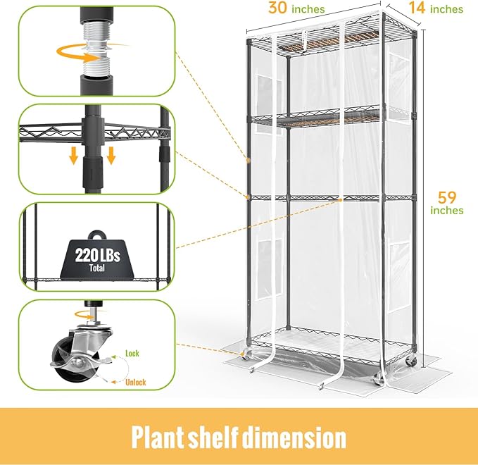 Indoor Greenhouse with Grow Light and Shelves - 4 Tier Plant Stand with Grow Light, Zippered PVC Cover and 3 Dimmable 1.8FT 60W Grow Lights with Timer, 30" L X 14" W X 59" H, Black