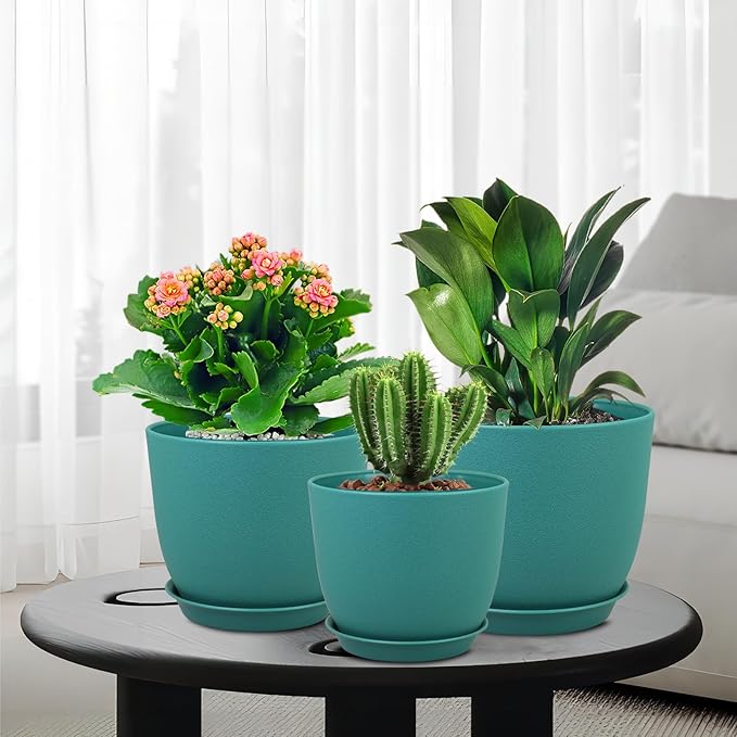 WSMKSZ Flower Pots 10/9/8 inch, Set of 3 Modern Decorative Plastic Planters with Drainage Holes and Tray for House Plants Indoor Flowers Plants, Plant Pots for Indoor Outdoor Plants, Blue Green