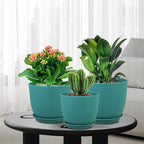 WSMKSZ Flower Pots 10/9/8 inch, Set of 3 Modern Decorative Plastic Planters with Drainage Holes and Tray for House Plants Indoor Flowers Plants, Plant Pots for Indoor Outdoor Plants, Blue Green