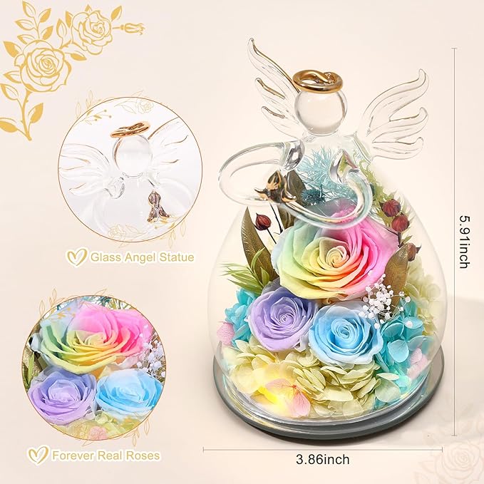 FIACO Gifts for Women Birthday Preserved Rose Forever Flower in Glass Angel Figurines Fresh Flowers for Delivery Prime for Mom Real Orange Roses for Grandma Sister Wife Her from Daughter