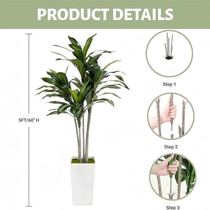 Artificial Dracaena Tree 5FT with White Tall Planter - Faux Tree Tall Fake Floor Plant in Pot-Artificial Plants Indoor for Home Office Living Room Décor (Dracaena 5ft)