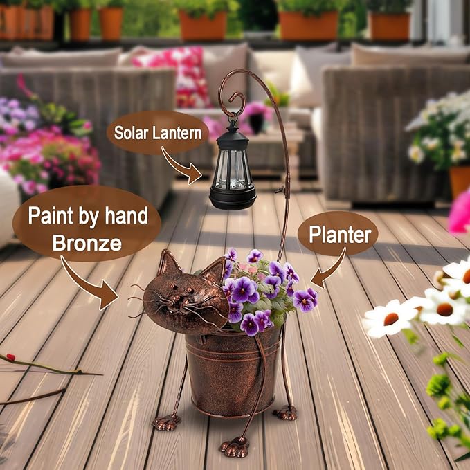 Solar Lights Outdoor with Planter Pot,Metal Cat Solar Lamp Post with Planter Base Outdoor Decorative for Yard,Porch,Patio,Floor Light with Garden Pots
