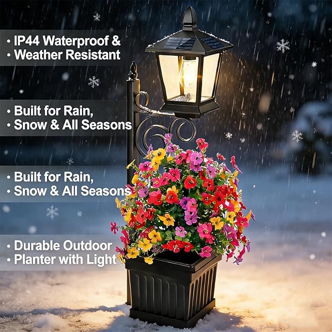 Solar Pathway Lights with Planter, 2-in-1 Outdoor Solar Lamp Post Light with Planter and Artificial Flowers, 27/35inch Outdoor Planters with Lights for Lawn,Patio,Yard & Pathway Decor (27in(Small)*2)