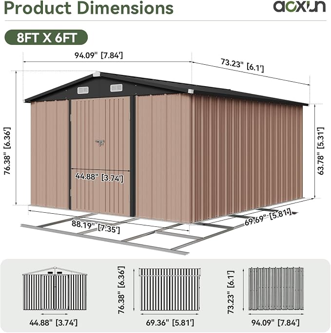 Aoxun 6' x 8' Storage Shed with Base Outdoor Steel Garden Utility Cabinet with Lockable Door Waterproof & Rust-Proof for Yard, Patio, Backyard (Brown, Base Included)