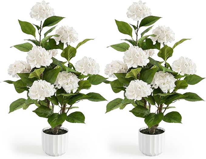 3FT Artificial Hydrangea Tree 2 Pack, Realistic Faux Hydrangea Plants in Pot with White Flowers, Lifelike Faux Greenery Home Indoor Outdoor Front Porch Garden or Wedding, White