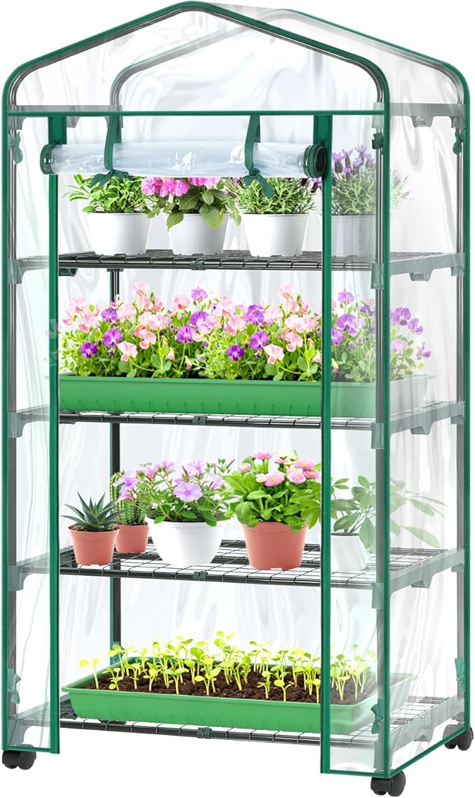 Ohuhu Mini Greenhouse for Indoor Outdoor with Wheel, Small Plastic Plant Green House 4-Tier Rack Stand Portable Greenhouses with Durable PVC Cover for Seedling