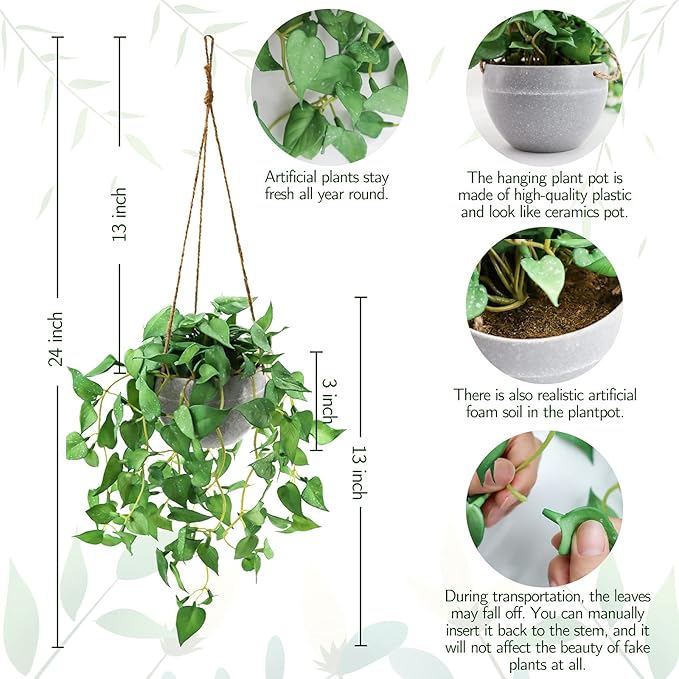 Hanging Plant Fake Plants with Pots, 2 Pack Artificial Plants, Faux Anthurium Leaf Basket for Wall Home Room Indoor Outdoor Decor