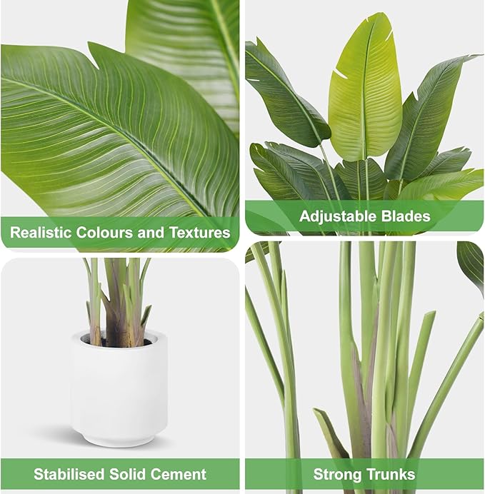 Artificial Bird of Paradise Plant 6.5Ft Tall Fake Tropical Palm Tree Large Fake Plants with 15 Silk Banana Leaves Faux Plant Indoor Decor Trees White Pot for Home Bedroom Living Room Office 2pcs